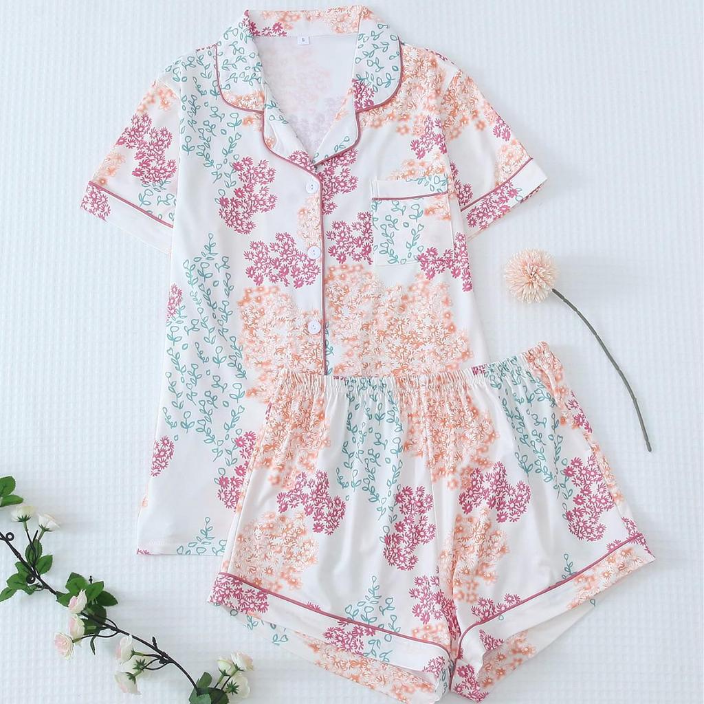 Bow Short-Sleeve Pajama Shorts Set – Stylish Indoor/Outdoor Wear