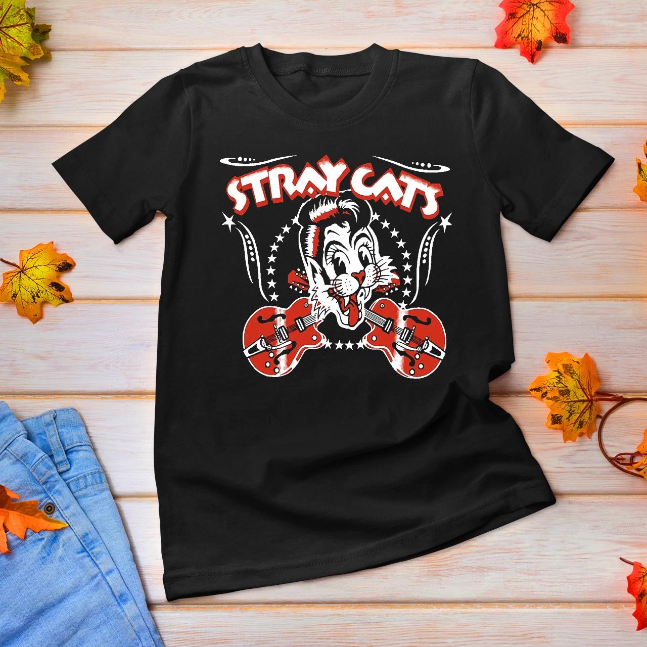 Men s and Women s T-shirts New STRAY CATS Band Short Sleeve Cotton Black XL