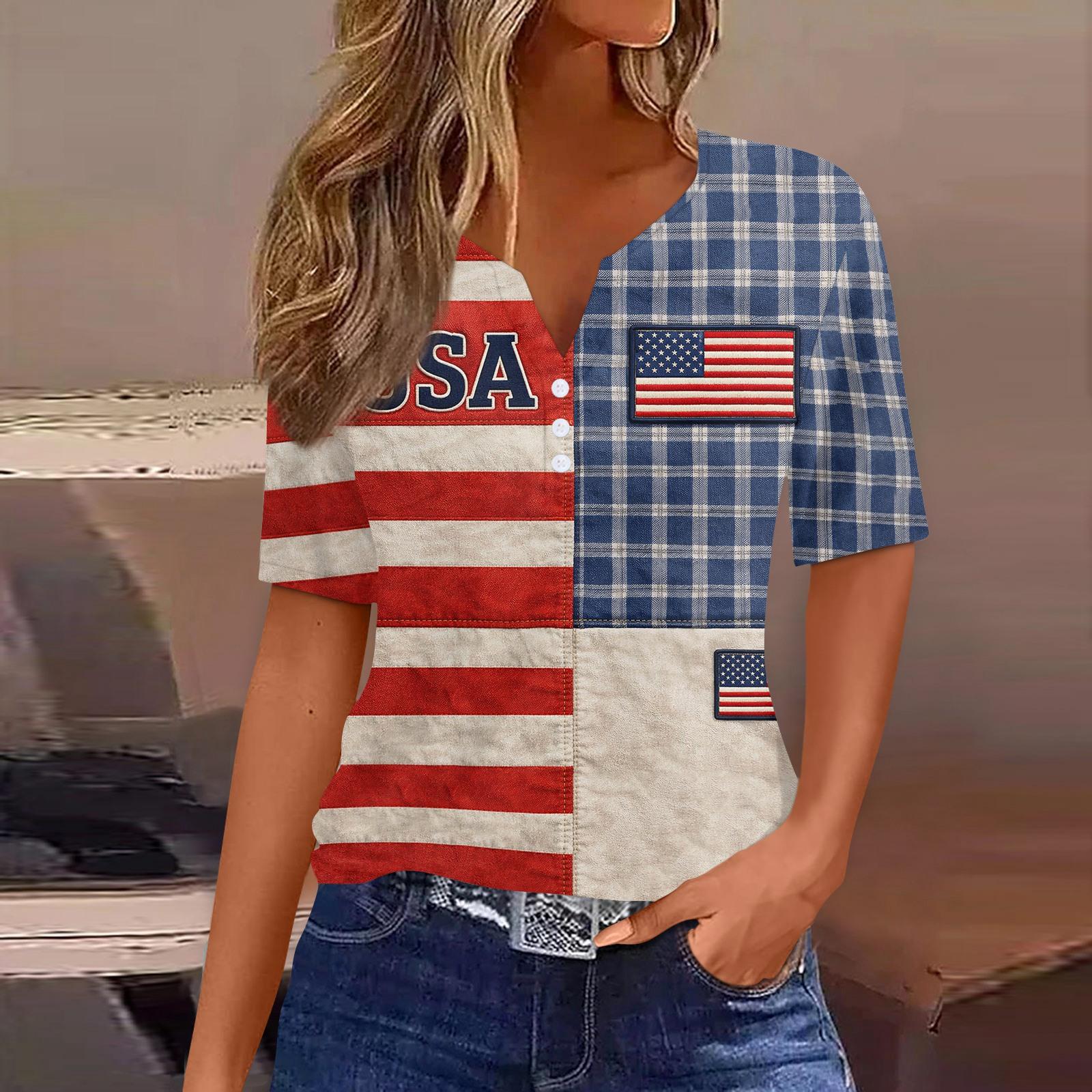

Women s Fashion Casual Independence Day Print V-Neck Short Sleeve Button-Up T-Shirt Top XL винний