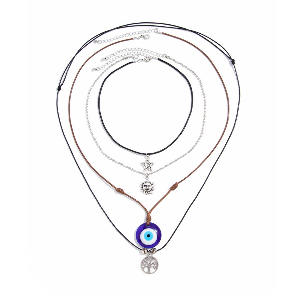 Retro Devil Blue Eyes Crystal Necklace Female, Ethnic Style Multi-Layer Stacked Necklace