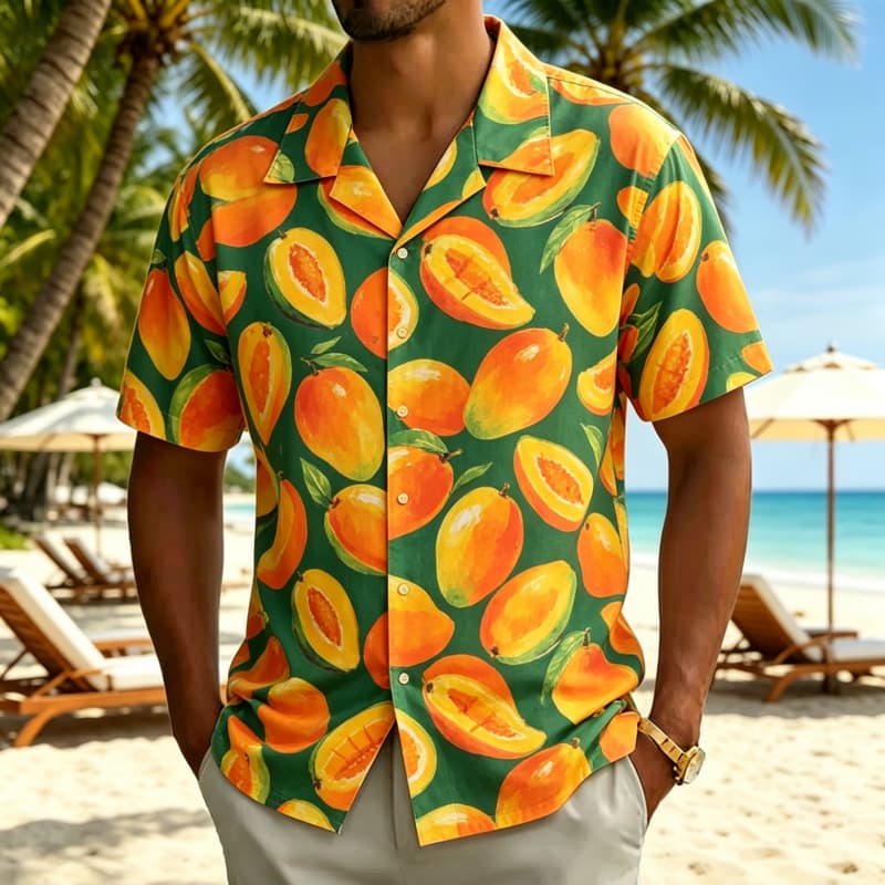 Herren Hawaiihemd mit erfrischendem und buntem Frischfrucht-Print, für Sommerreisen, Freizeit und Streetwear
