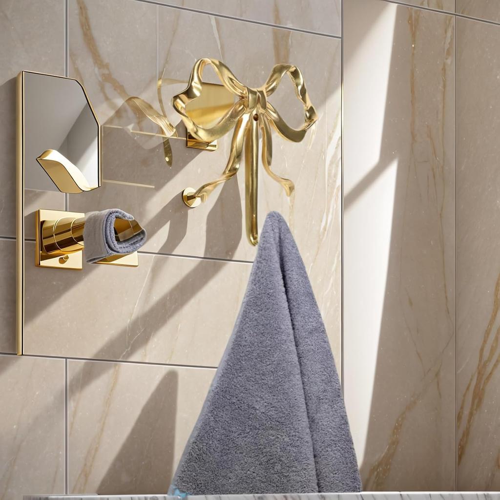 Bow Hook for Wall Decorative Bowknot Hook Gold Coat Hooks Wall Peg Hook Bow Hanging Hook Towel Hook Brass Bow Hook for Home (2.63X2.52X0.59in,Gold)