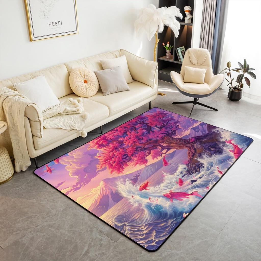 Japanese Samurai & Red Maple Print Area Rug, Non-Slip Floor Mat for Living Room Bedroom, Warrior Design Home Decor Carpet