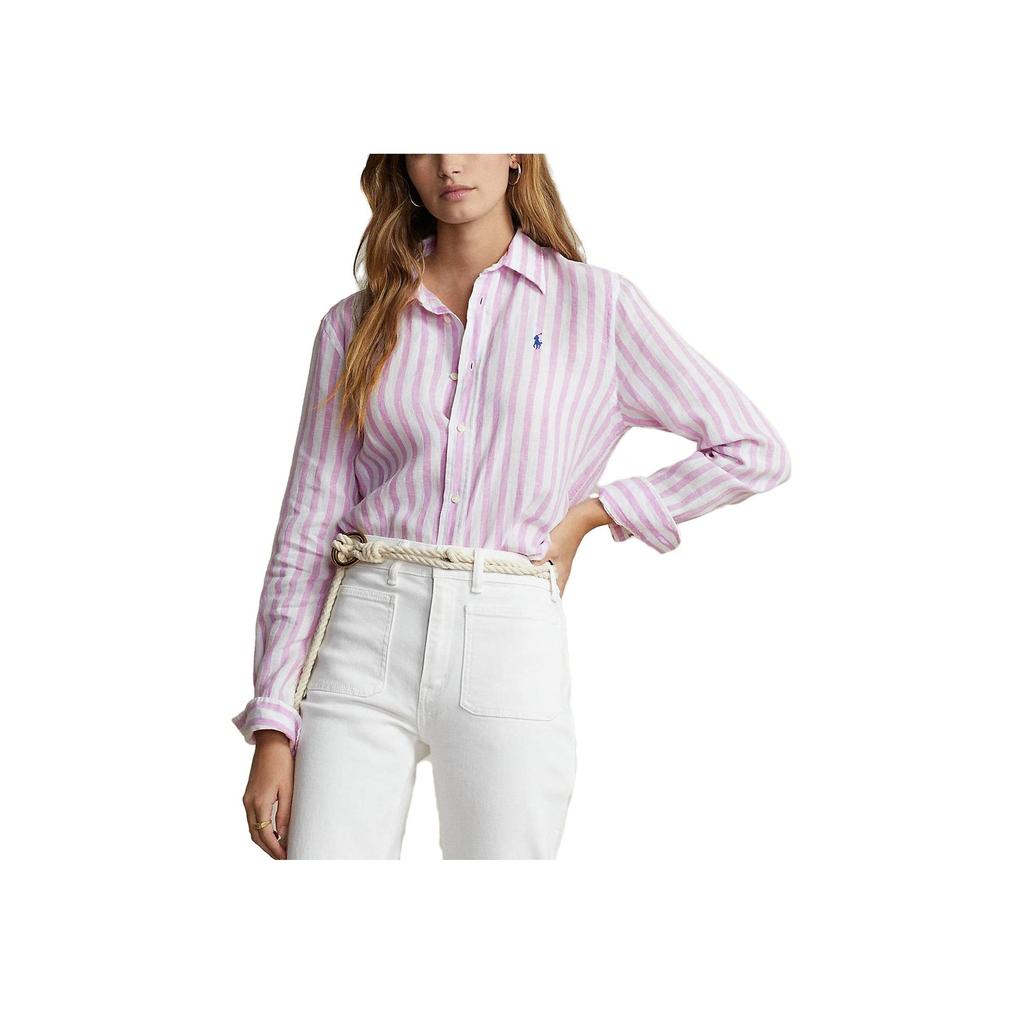 Polo Ralph Lauren SS23 Striped Badge Embroidered Single-Breasted Long Sleeve Shirt Women Shirts Light-Pink WMPOSHTNDO20394-999