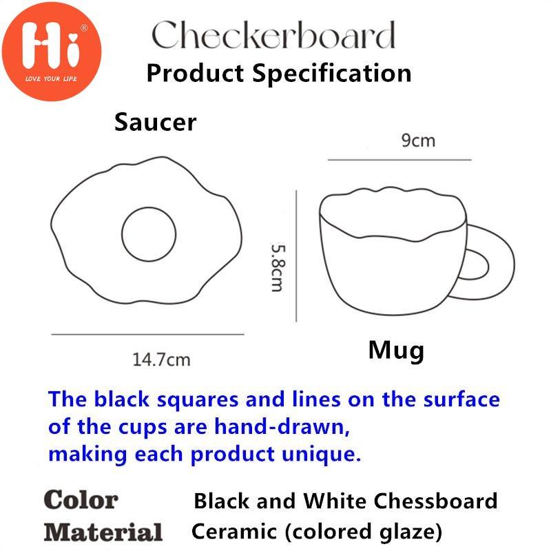 Hi Black and White Checkerboard Mug Ceramic Cup Coffee Cup Saucer Afternoon Tea Cup Creative Cup