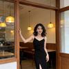 Summer Spaghetti Strap V-Neck Black Dress with Side Slit for Women