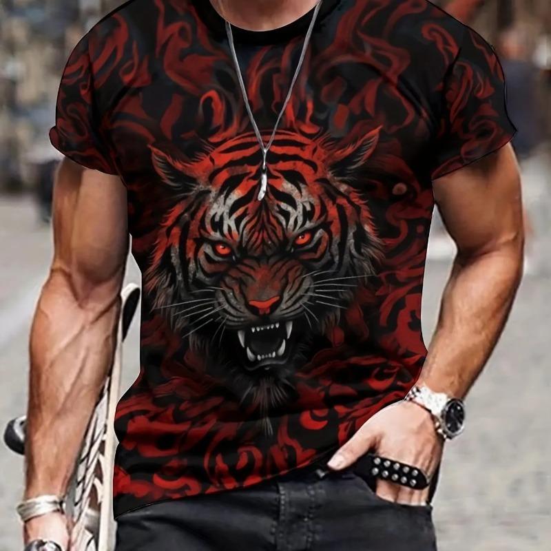 Summer Men's 3D Lion Tiger Pattern T-shirt Casual Micro Elastic Breathable T-shirt