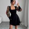 Spring Autumn Evening Party Festival Dresses Elegant Flower Embroidery Sexy Mini Prom Dress Women Mesh Splicing Sleeve Bodycon Dress