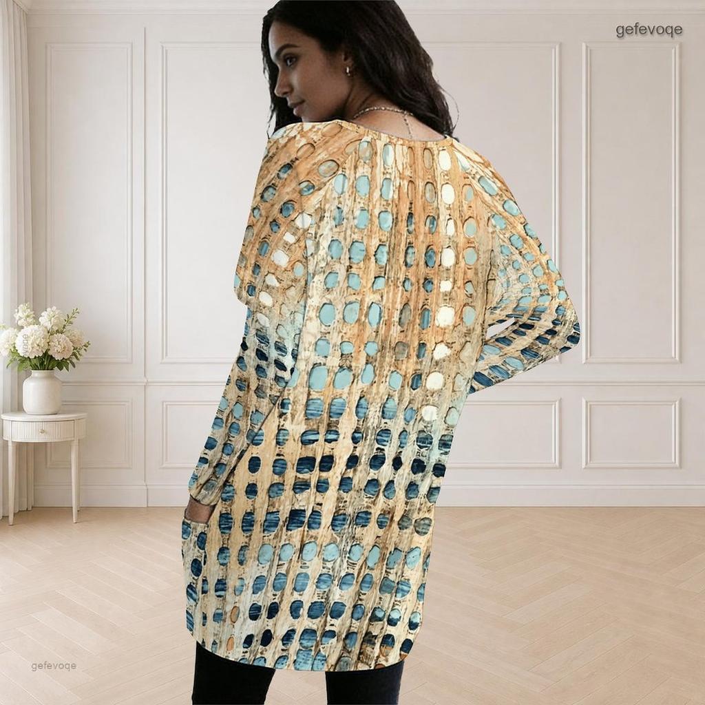 Women Plus Size Round Neck Long Sleeve Geometric Printed Loose Longline Tunic With Pockets