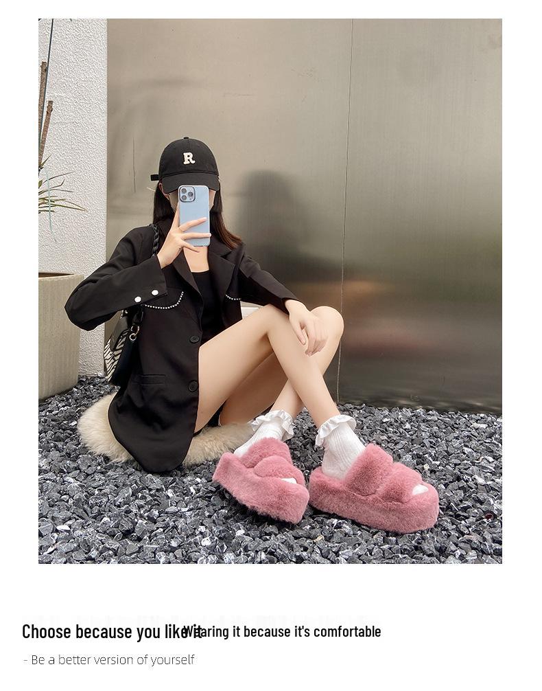 Damen Pelzige Höhenverstärkende Hausschuhe - Herbst/Winter 2023: Doppelriemen, Dicke Sohle, Koreanischer Stil, Plüschbaumwolle, Größe 35-42