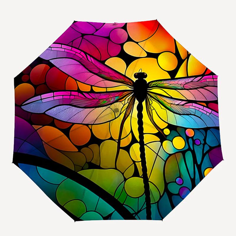 

Colorful Stained Dragonfly Design Automatic Opening/Closing Umbrella with Foldable Design,, Travelers, Daily Use, Festive Gift1121011a