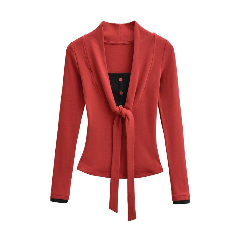Women's Faux Cashmere Trendy Layered Long-Sleeve Tie-Up Top for Spring/Autumn