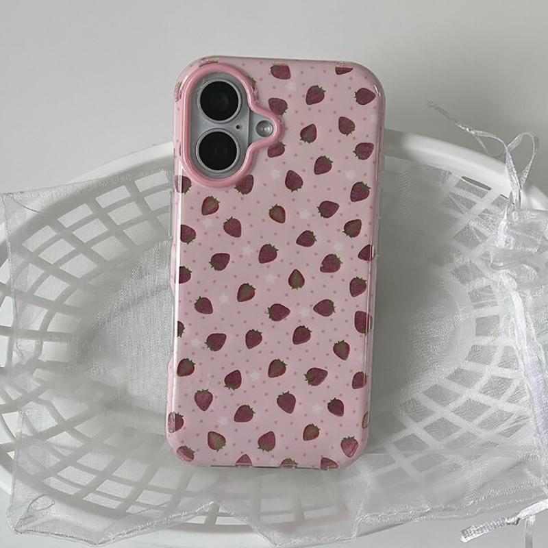 Ins Sweet Cute Bling Pink Strawberry Shockproof Phone Case For iPhone 13 14 15 16 17 Pro Max Hard IMD TPU Back Cover