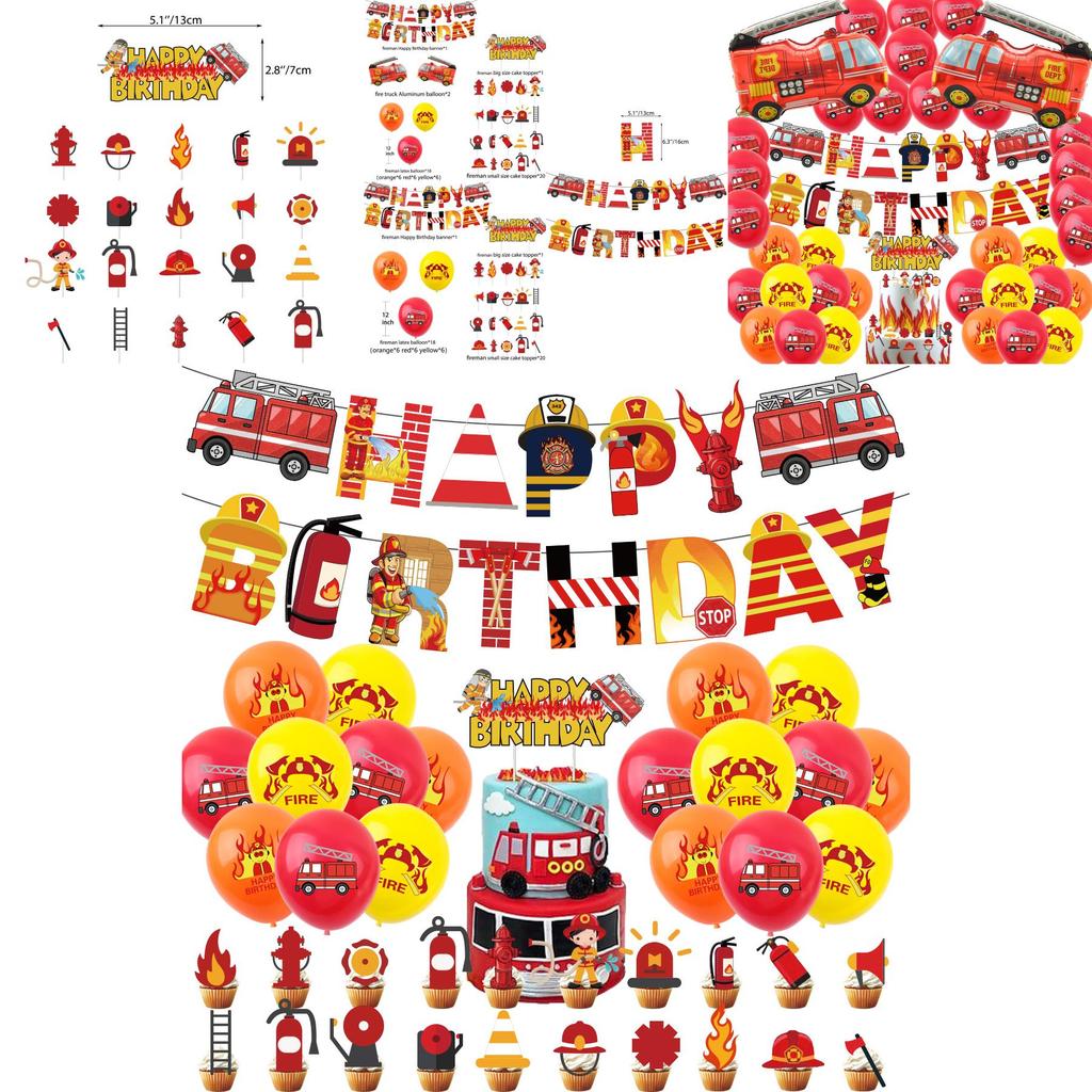 Paper Crafted Fire Truck Scene Decor Set With Aluminum Foil Balloons And Banner