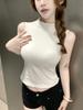 #Summer New Spice Girl Style Turtleneck Sleeveless Solid Color Splicing Vest Slim Fixed with Chest Pad Top