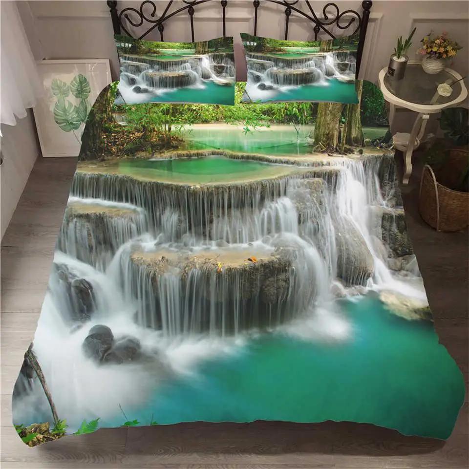 Waterfall Duvet Cover Set Natural Scenery Quilt Cover Pillowcase Landscape Forest Waterfall Queen Size Polyester Bedding Set