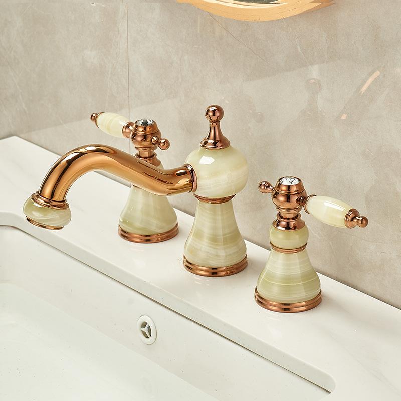 Basin Faucet Gold Brass Jade Bathroom Sink Faucet 3 Hole Widespread Basin Mixer Double Handle Hot And Cold Water Tap New Arrival