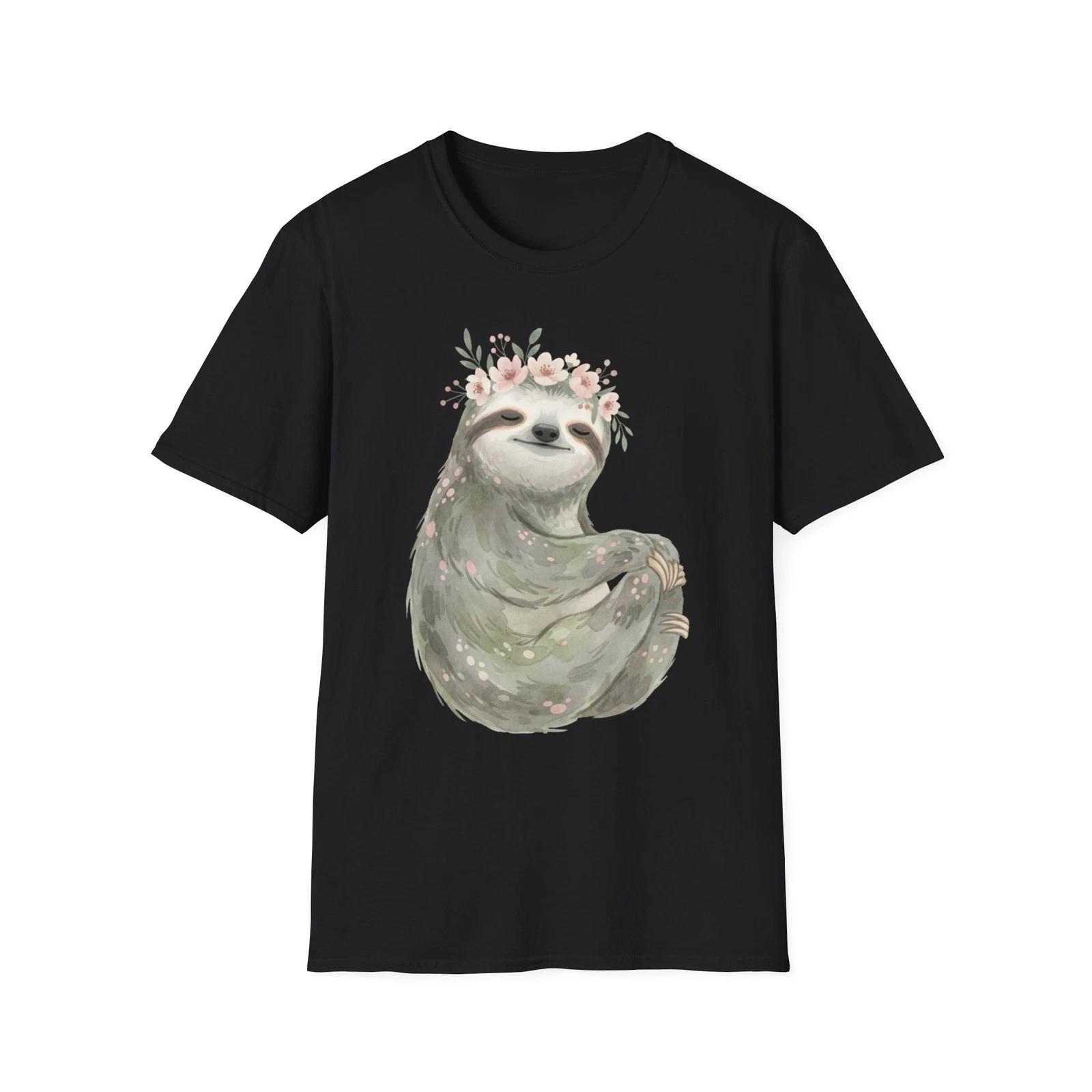 

Sloth Flower Crown Watercolor Cute Boho Black Tee Nature Graphic T-Shirt M