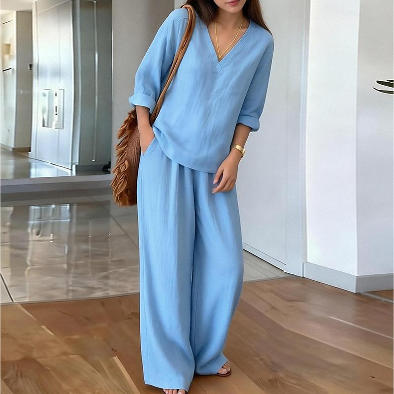 2026 Women's Spring New, Amazon Cross-border Europe and America, Fashion Casual Loose Solid Color Wide Leg Pants Set