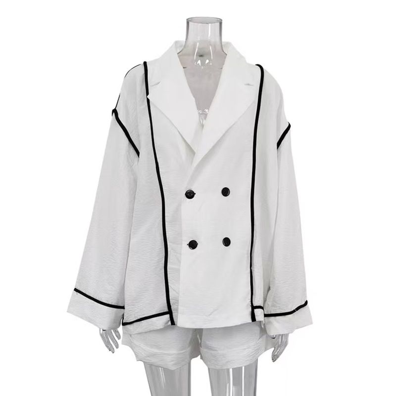 

Western Style Loose Lapel Cardigan Top Lace-up Shorts Two-piece Set Loose Top and Shorts Set White S