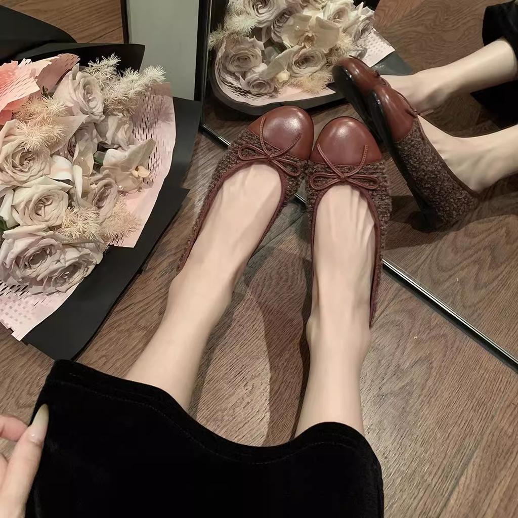 Schafslederversion~ Echtes Leder klassische spitze runde Zehe Schleife Samt Tweed leichte Mündung Einzelne Schuhe Damen