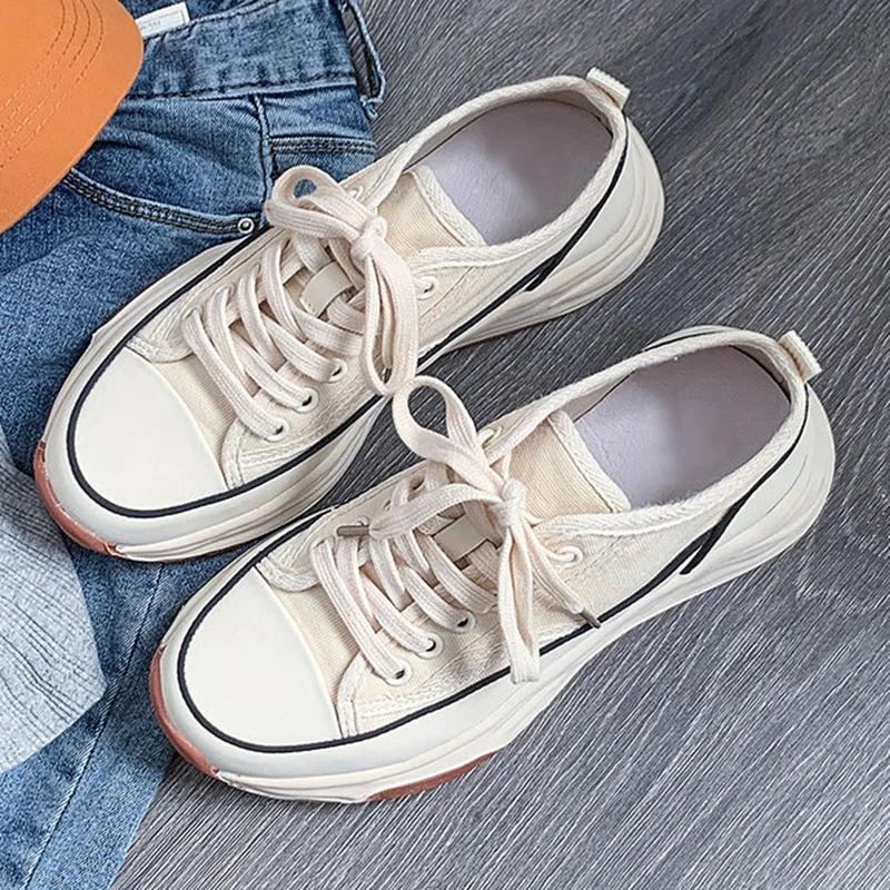 Fashion New Women Platform Canvas Sneakers Lace-Up Female Casual Shoes Fashion Lace Up Lady Sports Shoes White Sneakers Platforms