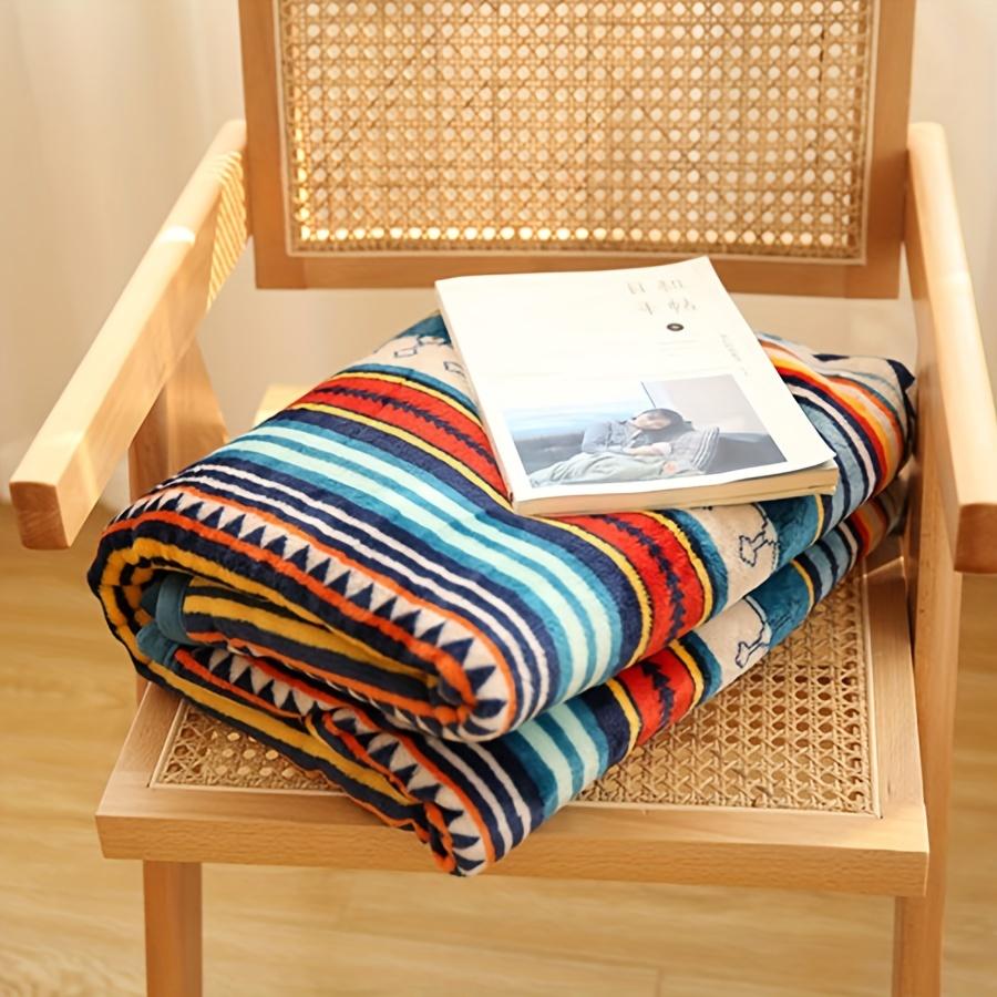 1pc Nordic Color Stripe Printed Bohemian Style Fleece Blanket, Double Layer Thickened Warm Blanket, For Sofa Couch Bed Camping