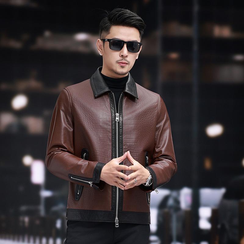 Autumn and Winter New Men's Leather Jackets, Fashionable High-end Crocodile Pattern Lapels, First-layer Cowhide Contrasting Color Jackets