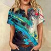 Women's Short Sleeve Linen Cotton Blend Shirt Henley Button Neck Chest Pocket Fashion Abstract Print Casual Top