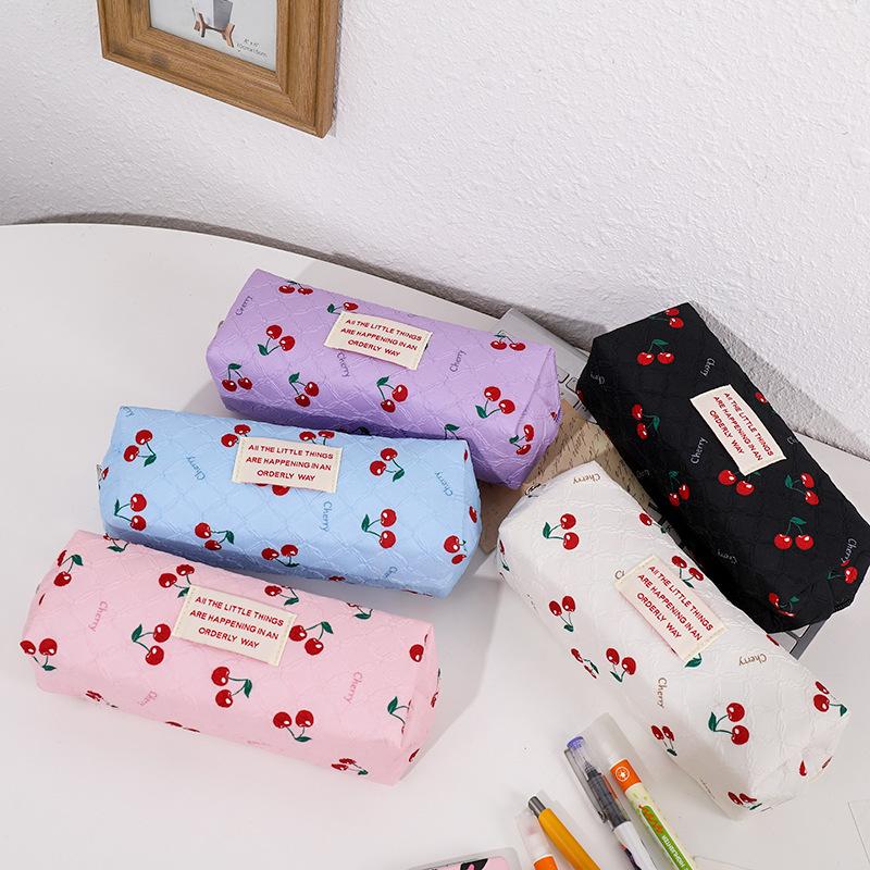Red Cherry Cute Portable Student Pencil Case Stationery Bag High-value Large-capacity Zipper Storage Bag