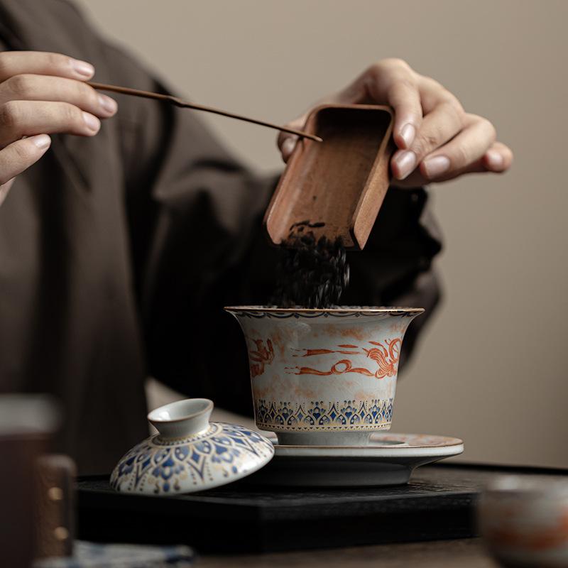 170ML Dunhuang Yuanbao Gaiwan Household Ceramic Sancai Gaiwan Imitation Song Ru Kiln Opening Kung Fu Tea Set Tea Bowl Gift Box
