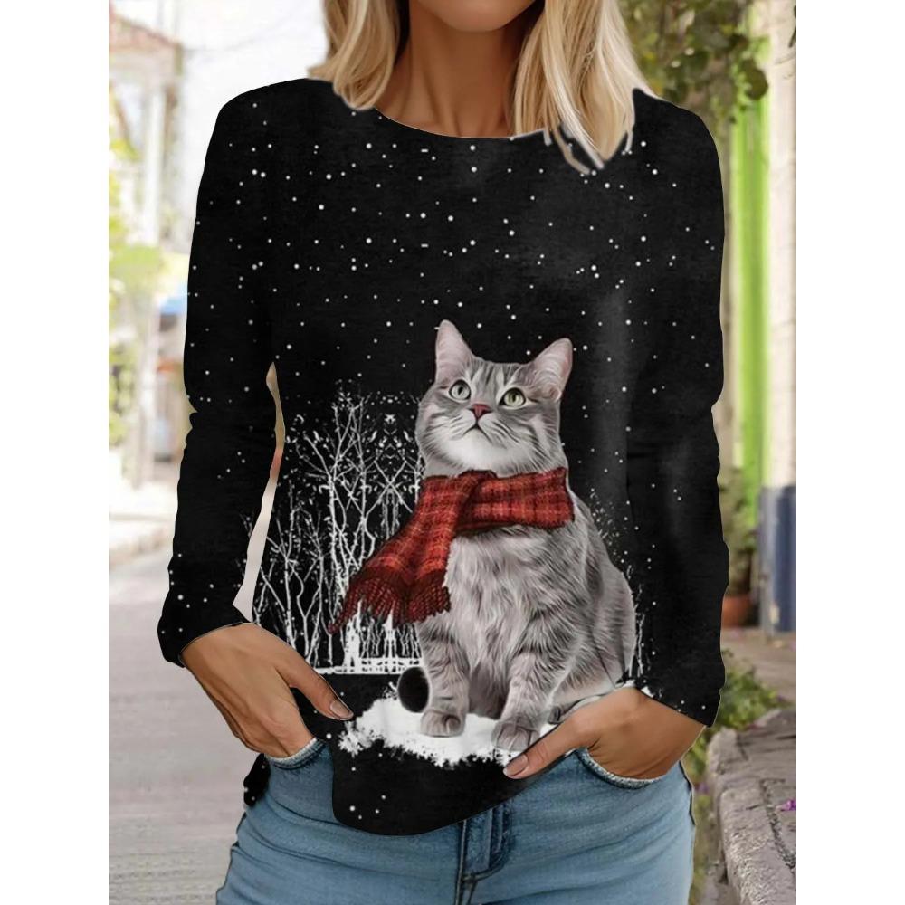 Spring and Autumn Round Neck Cat Pattern 3D Printed Top Fashionable Casual Long Sleeved Women's T-shirts