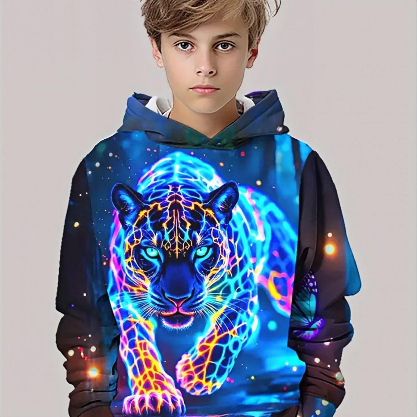 

Худи для мальчиков с неоновым светящимся принтом тигра и космических животных - Худи на космическую тематику с неоновым синим 13-14Y