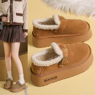 Moda 2025novo Inverno Retrô Sapatos Boken de Pele Femininos Mais Veludo Sapatos Feijão Plataforma Preguiçosa Slip-on Sapatos Quentes de Algodão