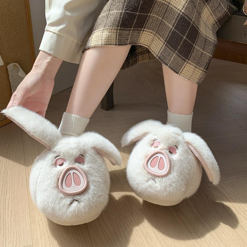 Cute Cotton Slippers 2025 New Winter Warm Non-slip Piled Thickened Fluffy Flying Pig Slippers Autumn