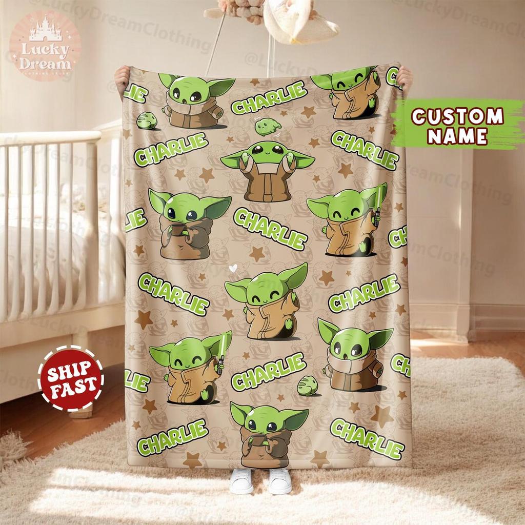 Custom Name Baby Yoda Blanket, Star Wars Blanket, Star Wars Characters Blanket, Birthday Gift, Gift For Boy and Girl, Gift for Star Wars Fan