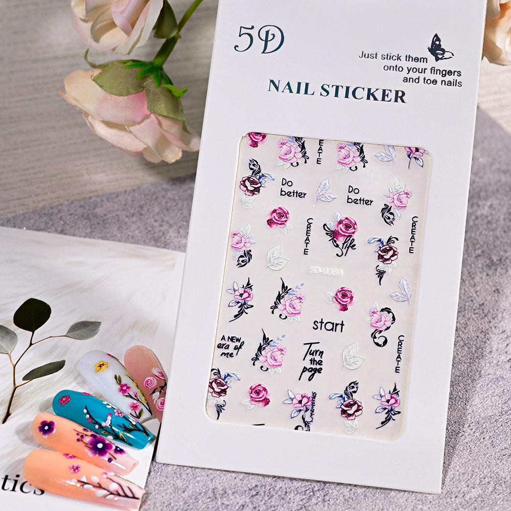 1sheet 5D Embossed Butterfly Nail Art Stickers Purple Butterflies/Floral Nail Art Decals Self-Adhesive Rose Flower Manicure Diy