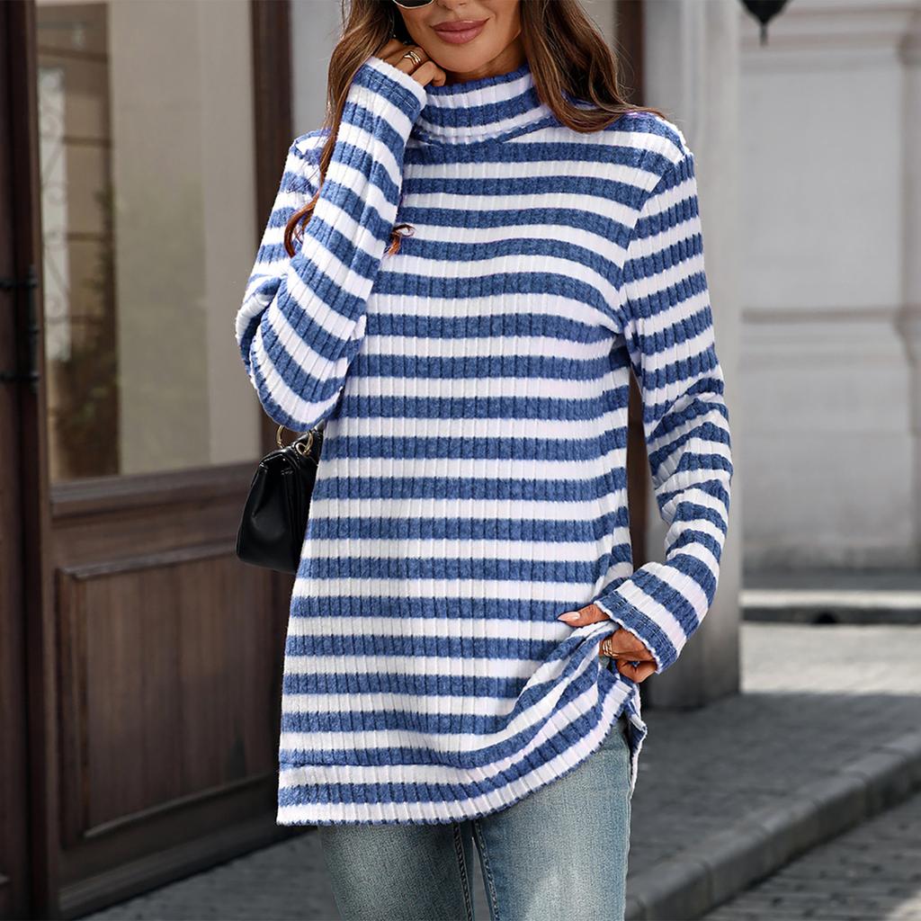 Women's Fashion Casual Striped High Neck Loose Long Sleeve Casual Pullover Top