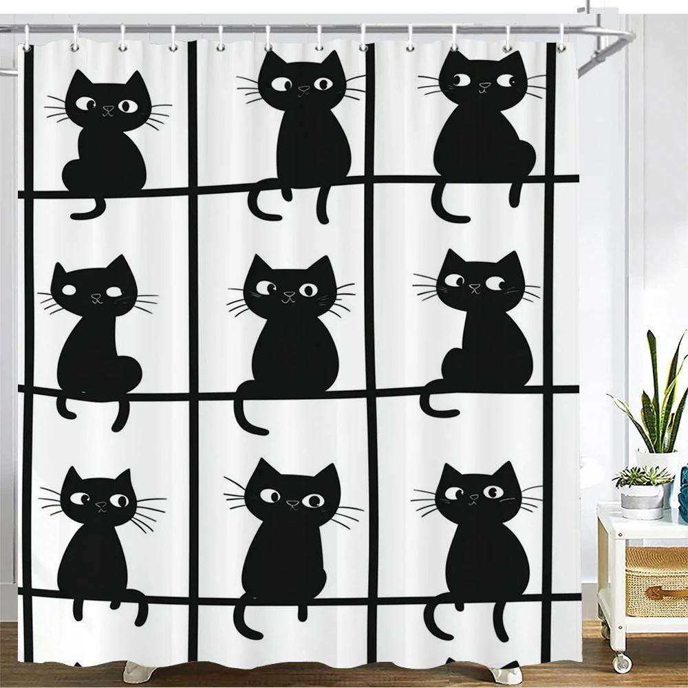 Cartoon Cute Cat Shower Curtain Printed Fabric Simple Style Lovely Cats Bathroom Curtain Bathtub Home Decoration Curtain