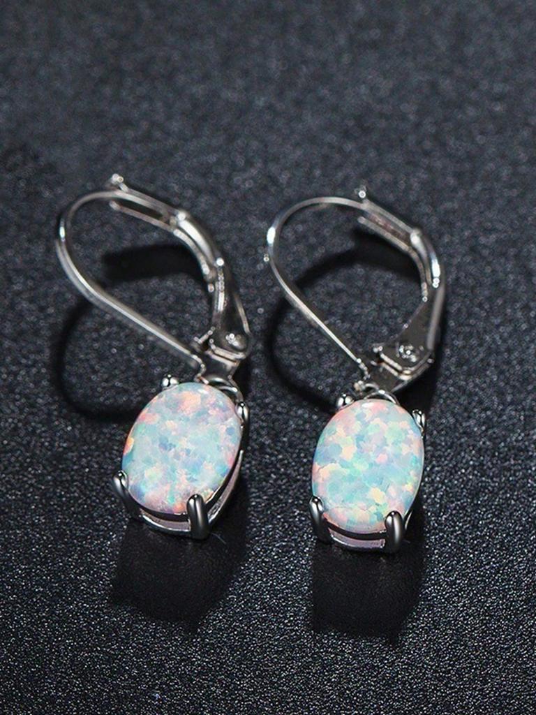 1 Pair New Arrival Popular Luxury 4-Claw Oval Artificial Opal Earrings, Fashionable Accessories For Both Men And Women