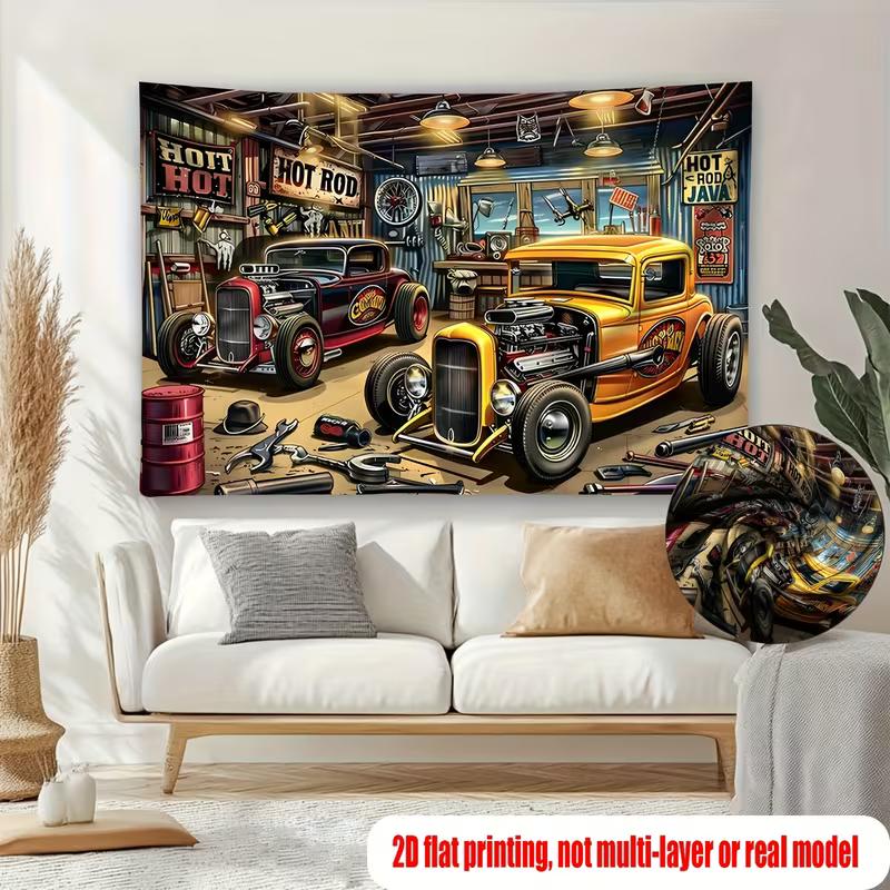 American Retro Hot Rod Garage Tapestry Vintage Car Art Wall Decor