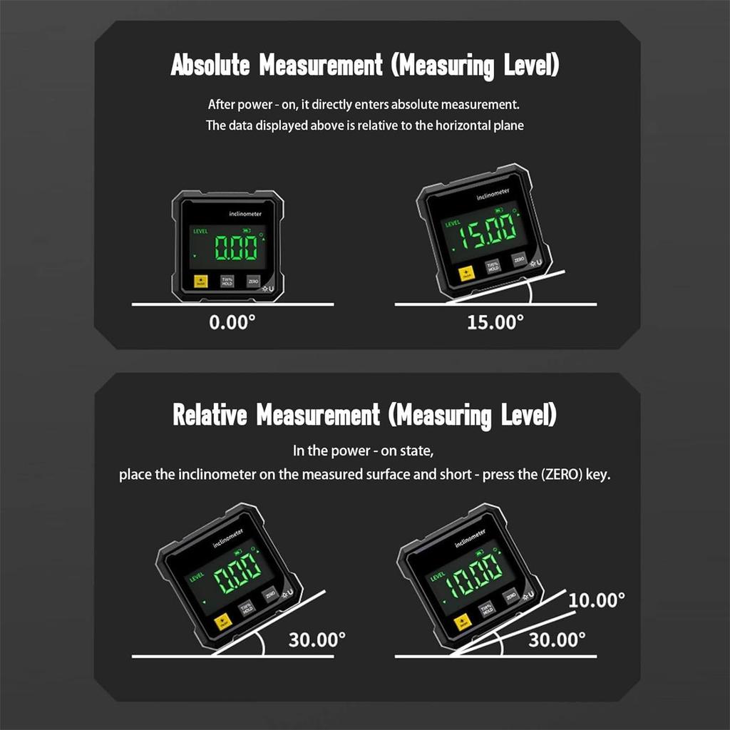 Digitaler Winkelmesser 4-seitig magnetisch, Digitale Wasserwaage mit LED-Anzeige, USB-wiederaufladbarer Neigungsmesser, ±0,2° Präzisions-Neigungsmesser