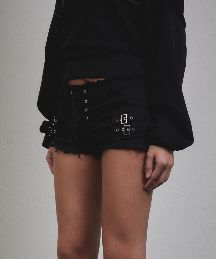Bunteu Eyelet Buckle Micro Shorts (Black)