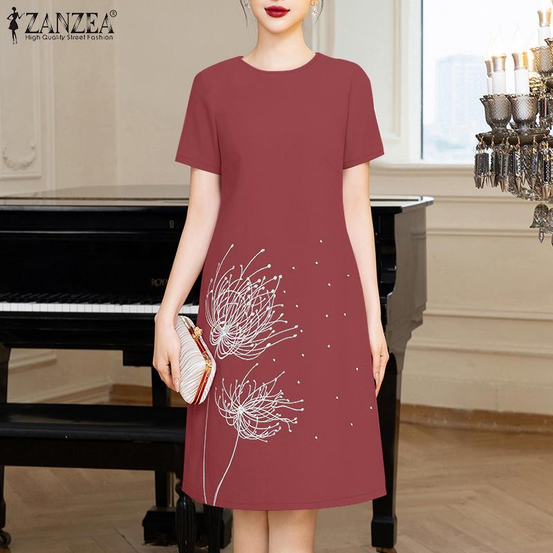 

ZANZEA Women Summer Round Neck Casual Short Sleeve Print Dress S чорний