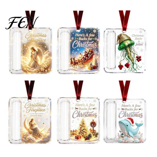 Christmas Decorative Cash Holder Acrylic Money Ornament, Xmas Holiday with Slot, Tree Hanging Gift Decoration Present Ornament