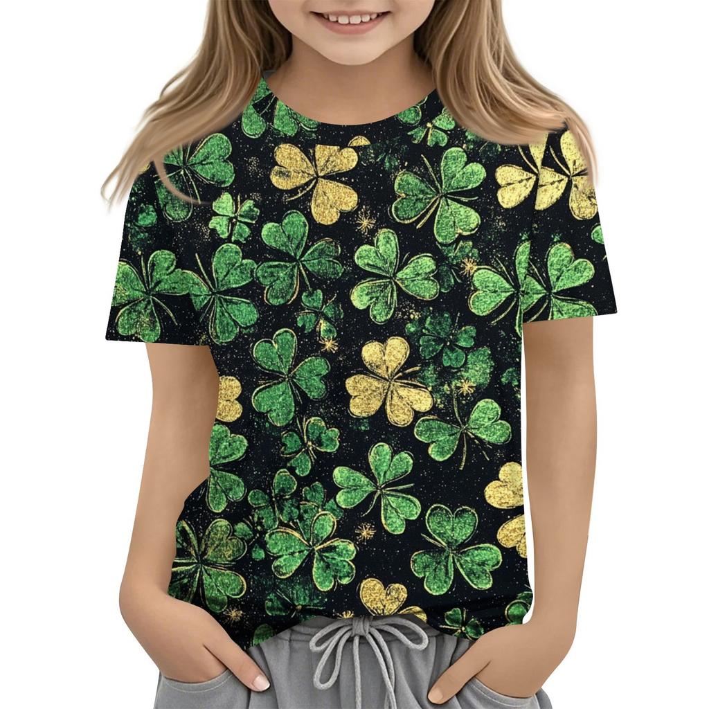 Children's Fashion Casual Short-sleeved St. Patrick Print Crew-neck T-shirt Top