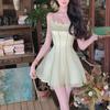 2025 Spring Slim Waist Long French Suspender Mesh Dress