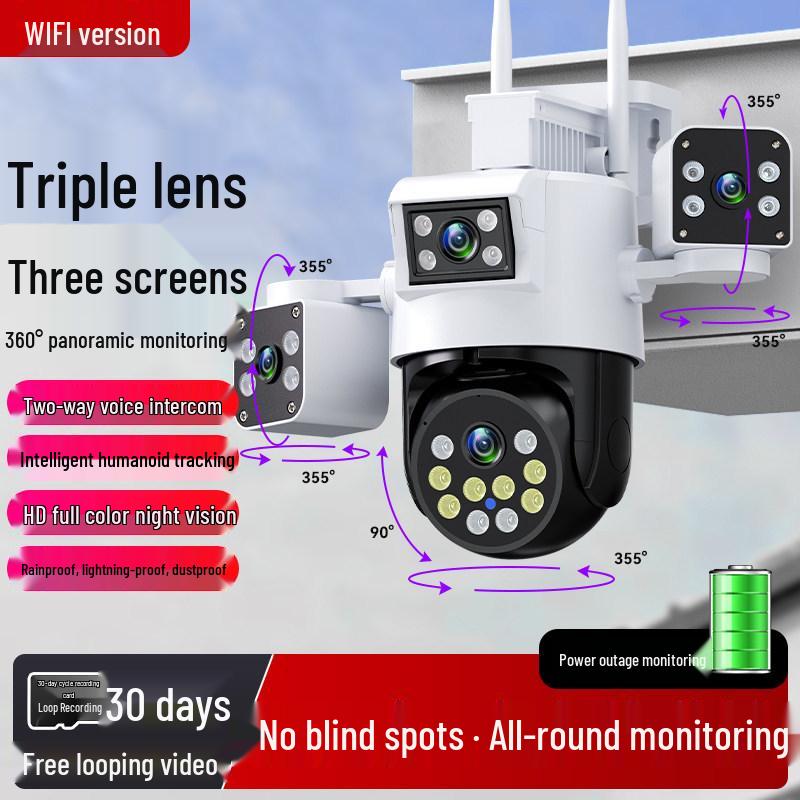 4G Rotating Surveillance Camera with Three Lenses, 360° Panoramic View, No Recharge Needed, Waterproof & Remote Access