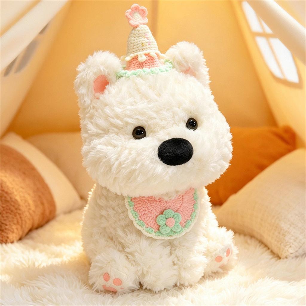 Plush Stuffed Animal Cute Puppy Soft Toy with Hat and Bib Decorative Sitting Dog Doll for Kids and Collectors