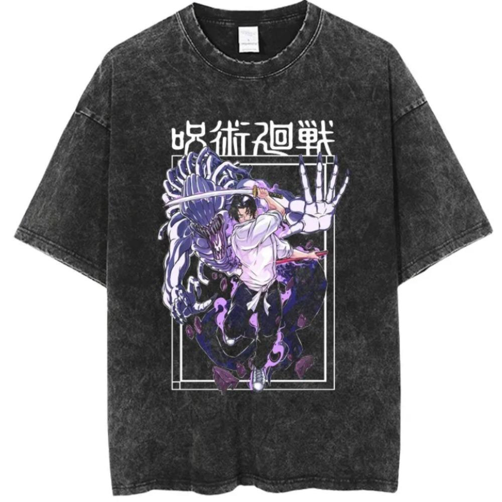 Jujutsu Battle Men's and Women's Summer Washed Outdated Fashion Retro Street Style Anime Printed Cotton T-shirt